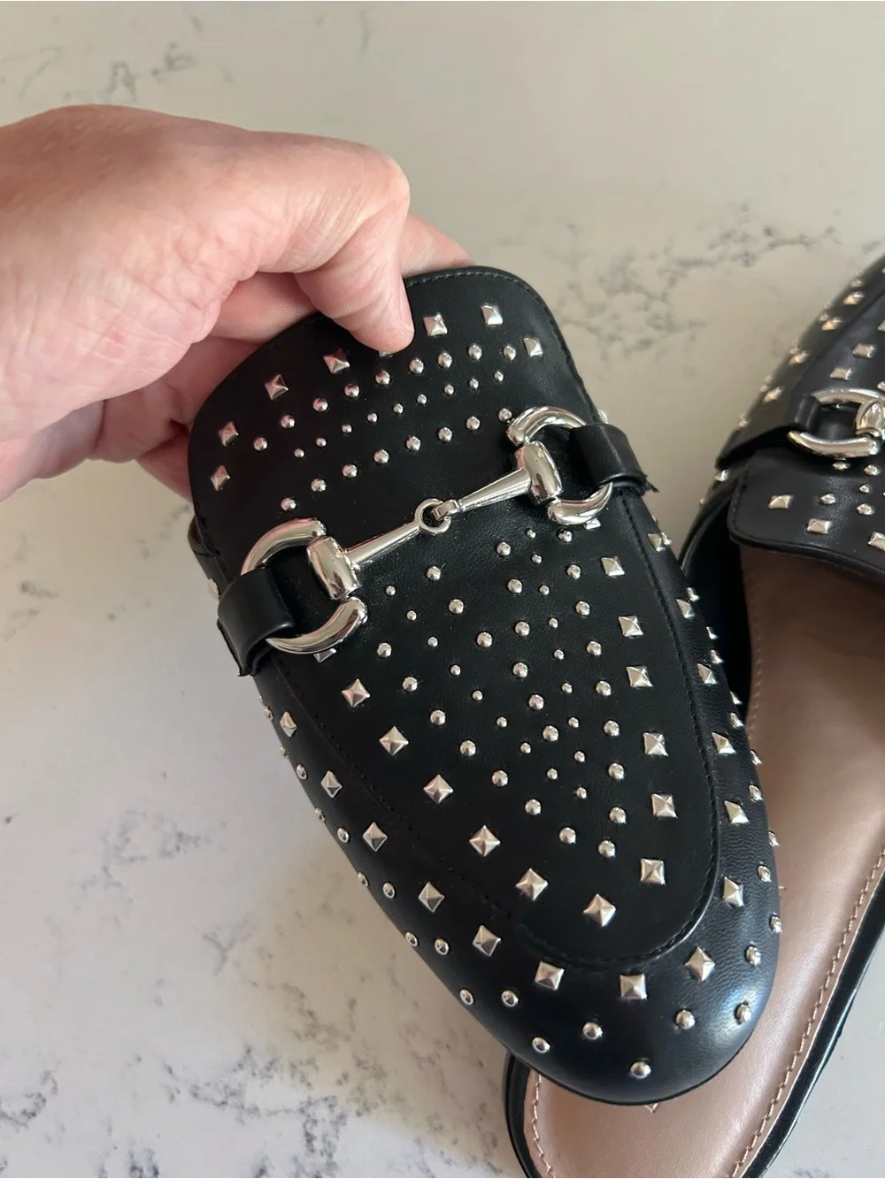 BCBGMaxAzria Black Studded Slip-On Loafers with Silver Horsebit
